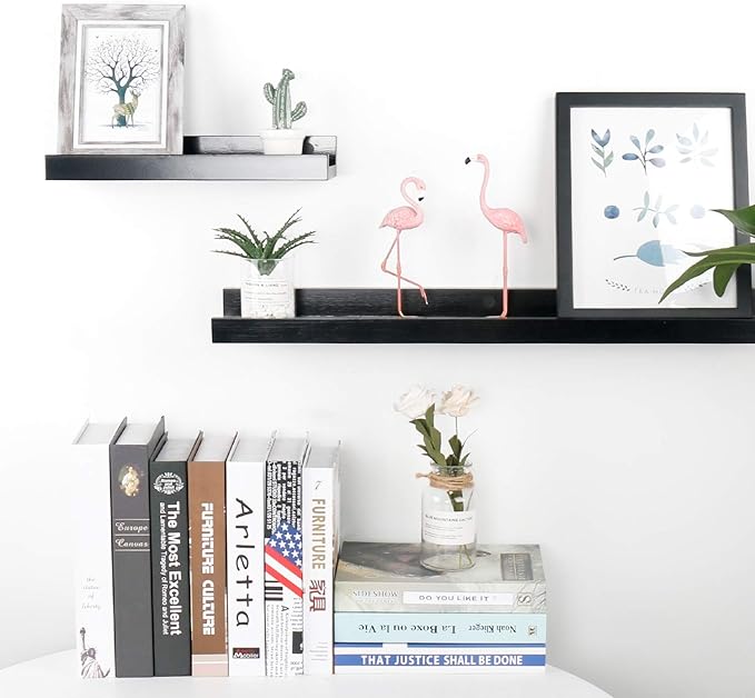 Natural Bamboo Floating Shelves Wall Mounted Rustic Wood Wall Shelves Wooden Wall Storage Organizer Home Decor Living Room Kitchen Bedroom (Black,13.8 in)