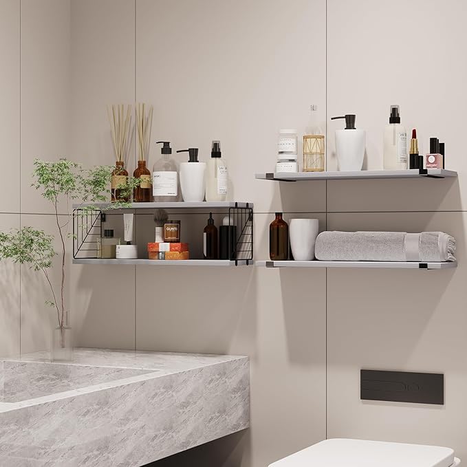 Fixwal 3+1 Tier Bathroom Floating Shelves Over Toilet, 15.8in Farmhouse Rustic Wood Shelves, Wall Decor for Bathroom, Living Room,Bedroom and Kitchen (Gray)