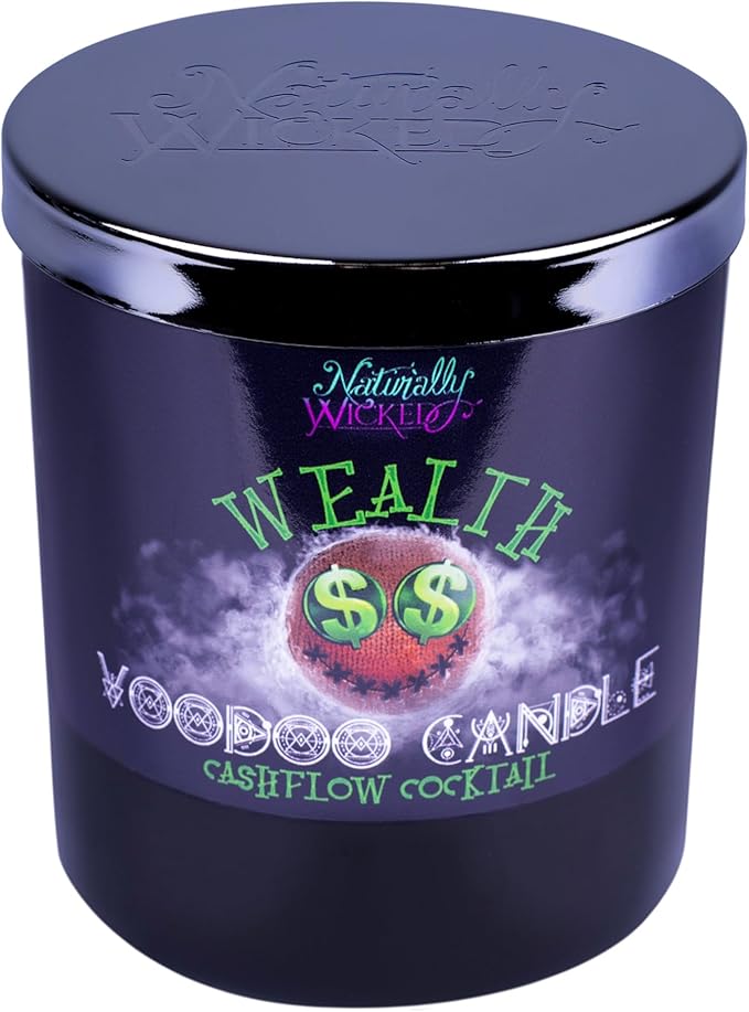 Naturally Wicked Voodoo Wealth Candle Set - Inc. Voodoo Doll, Crystal, Wood Wick, Cashflow Cocktail Scent & Gift Box