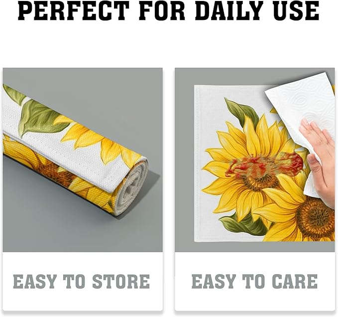 Sunflower Placemats Set of 4 Watercolor Sunflower Washable Non-Slip Heat Resistant 12×18 Inch Summer Florl Thick Place Mats Decorative Linen Fabric Table Mat for Dining Table