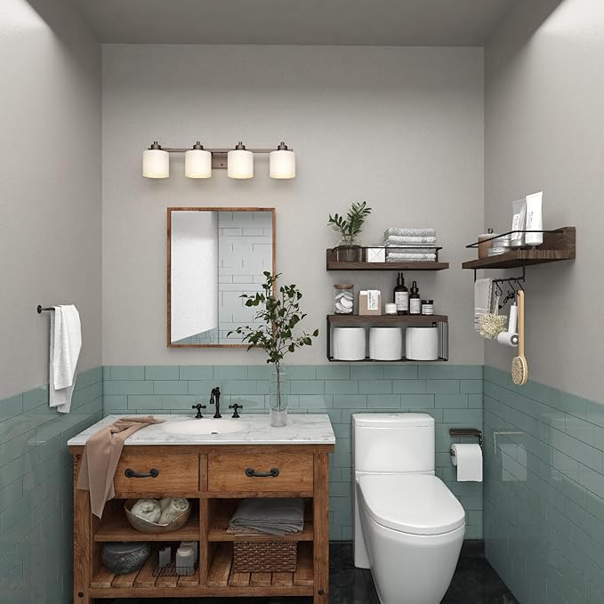 Bathroom Shelves Over Toilet for Wall, Floating Shelves with Storage Basket Paper Holer for Kitchen Living Room, Bedroom & Classroom, Set of 3 (Dark Brown)