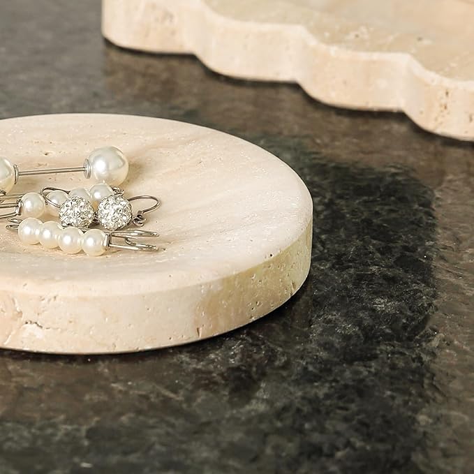 Koville Small Travertine Jewelry Dish, 4" Round Trinket Dish for Ring Necklace Earring, Beige Travertine Soap Dish for Bathroom Kitchen, Natural Stone Small Decorative Dish