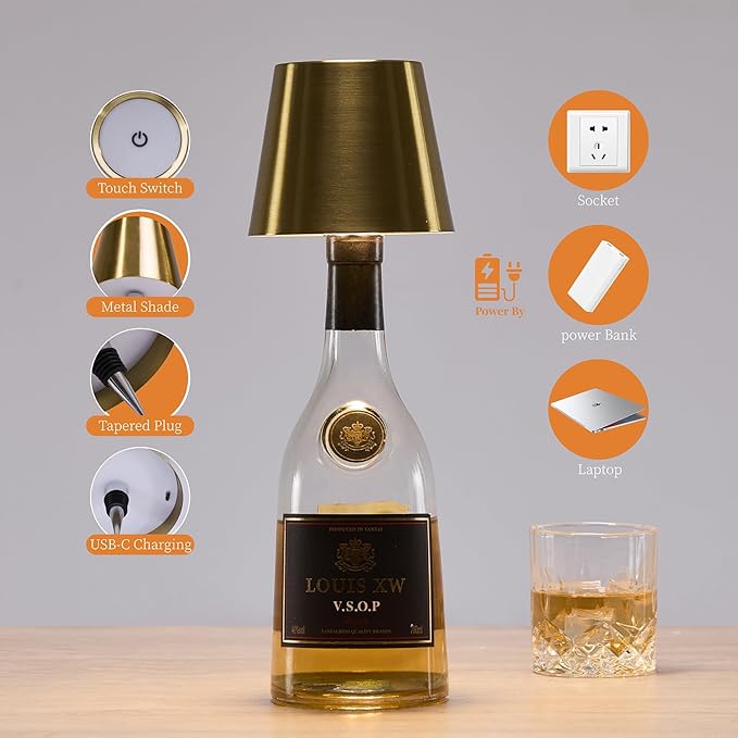 Rechargeable Bottle Lamp, LED Wine Bottle Light Ambient Light for Desk Table Bar Decor, Bottle Lamp Shade for Whiskey Wine Liquor Bottle, Shiny Gold