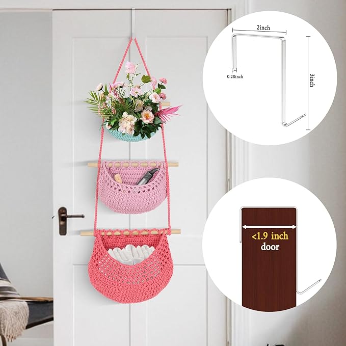 Hanging Baskets for Organizing, 3 Tier Detachable Wall Hanging Fruit Basket Over the Door Organizer for Vegetable Plant, Blue Pink Boho Cotton Crocheted Fruit Holder for Kitchen Bathroom Bedroom
