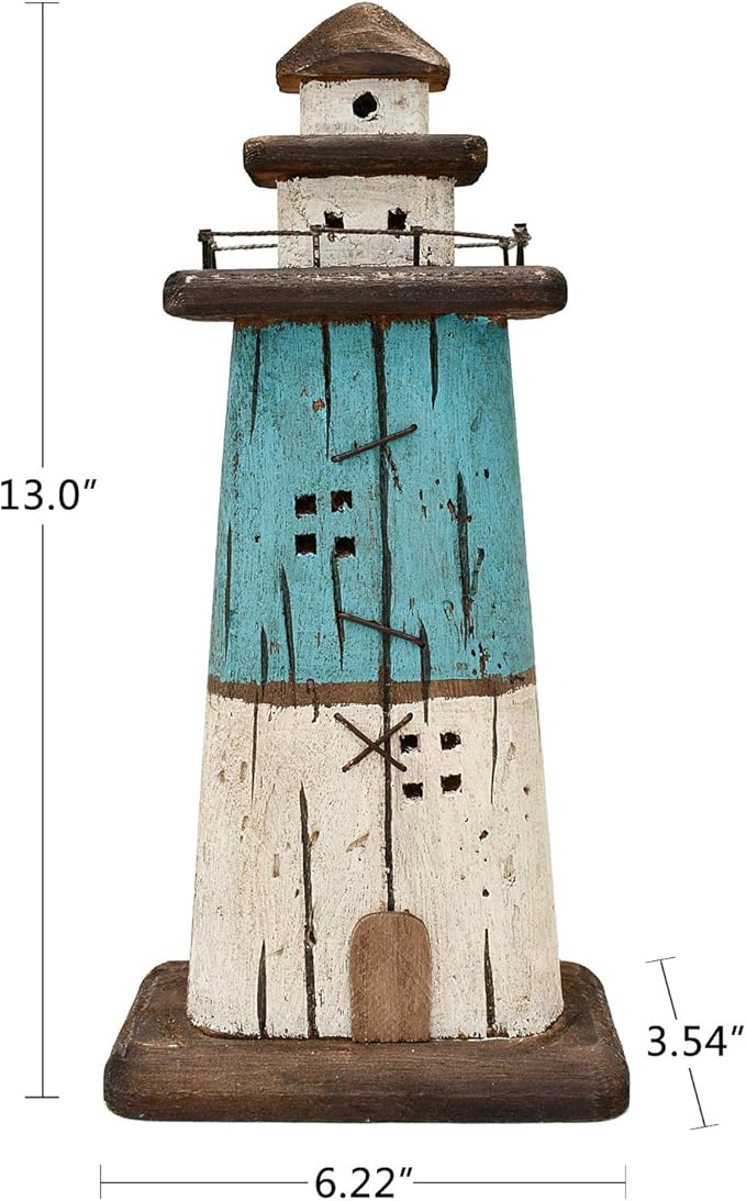 K KILIPES Beach Lighthouse for Bathroom Nautical Home Decor, 13" H Wood Lighthouse Table Decoration Coastal Centerpiece Hand Crafted Lighthouse Sculpture Ocean Decorations (Blue, M)