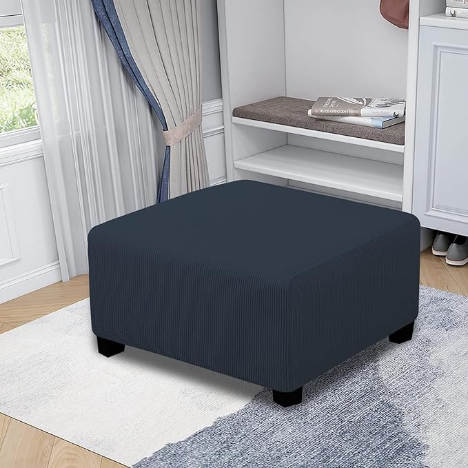 Easy-Going Stretch Square Ottoman Cover Folding Storage Stool Furniture Protector Soft Slipcover with Elastic Bottom (30x30x15inch, Dark Blue)