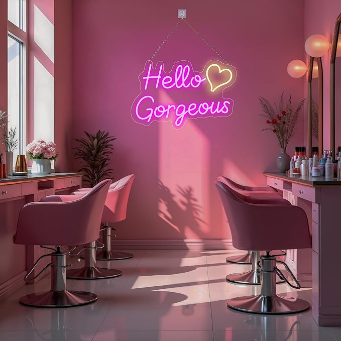 Hello Gorgeous Neon Signs for Wall Decor, for Sign with Dimmable Switch - for Girls Bedroom, Makeup Room Decor Home Wedding Birthday Backdrop (Pink,16in)