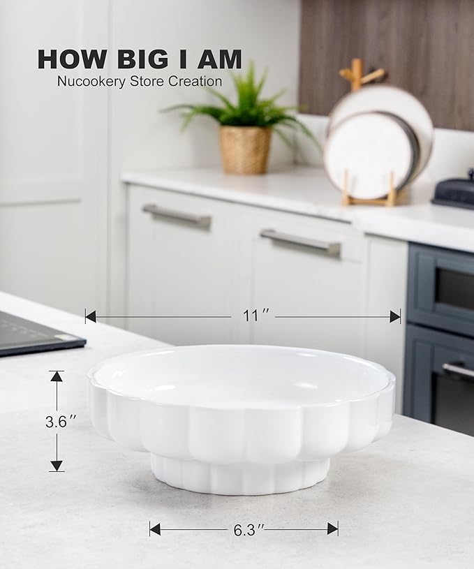 Nucookery Ceramic Petal Fruit Bowl for Kitchen Counter, 11 Inch Modern Decorative Bowl, Elegant Fruit & Vegetable Storage Container, Large Bread Basket, White