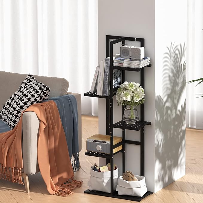 Laiensia 5 Tier Bamboo Plant Stand Rack 6 Potted Multiple Flower Pot Holder Shelf, Indoor&Outdoor Planter Display Shelves for Patio Garden, Living Room, Corner Balcony and Bedroom,Black