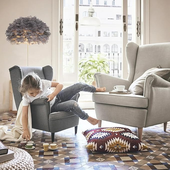 Feather Floor Lamp,Grey Floor Lamp for Bedroom,Unique Floorlamp Home Office Decor,Tall Lamps for Living Room,Goose Feather Lampshade,Modern Standing Lamps for Dinningroom,Corner,Behind Couch