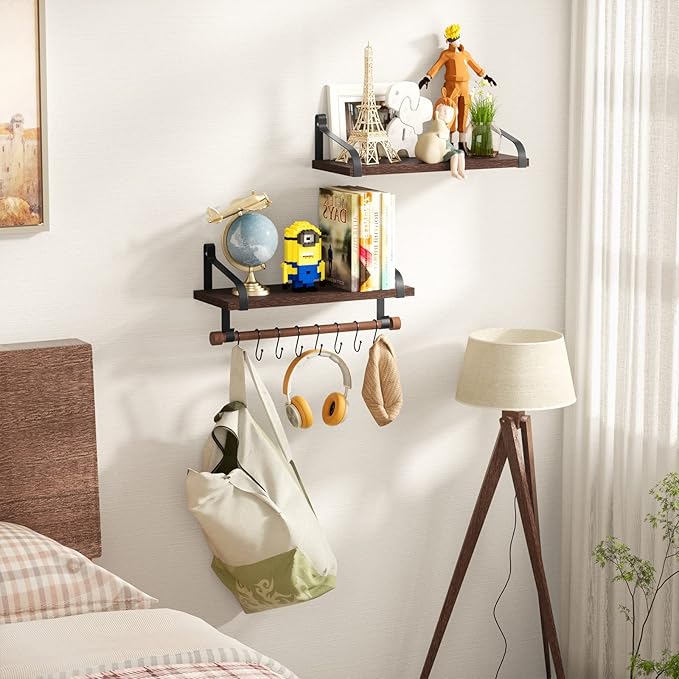 Love-KANKEI Floating Shelves for Coffee Bar, 17.3 Inch Bathroom Shelves Set of 2 with Wood Bar, 8 Hooks for Kitchen, Bedroom,Living Room, Dark Walnut