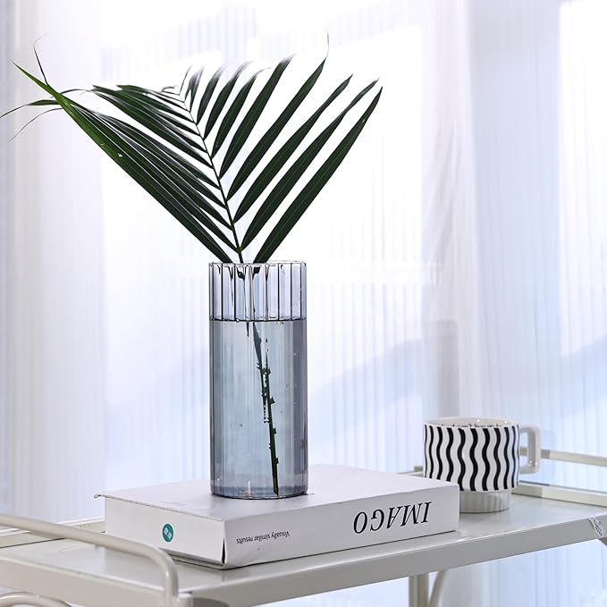 ComSaf Glass Cylinder Vases, Bud Vase for Centerpieces, 8 Inch Tall Ribbed Vase Hurricane Floating Candle Holder, Decorative Flower Vases for Wedding Reception, Home Decor, Housewarming Gift (Grey)