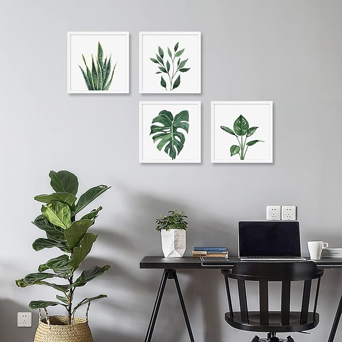 ArtbyHannah Framed Bathroom Wall Decor, 10x10 Inch Botanical Wall Art with Sage Green Plant Print for Wall Decoration, Minimalist Restroom Decor (White)