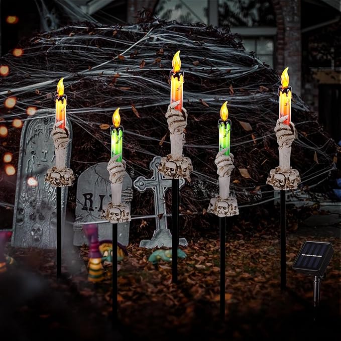 ILLUMINEW Halloween Pathway Lights, 5 Pack Candle Skull Hand Candle Holder, Waterproof Solar Halloween Led Lights, Indoor and Outdoor Party Home Garden Porch Decoration