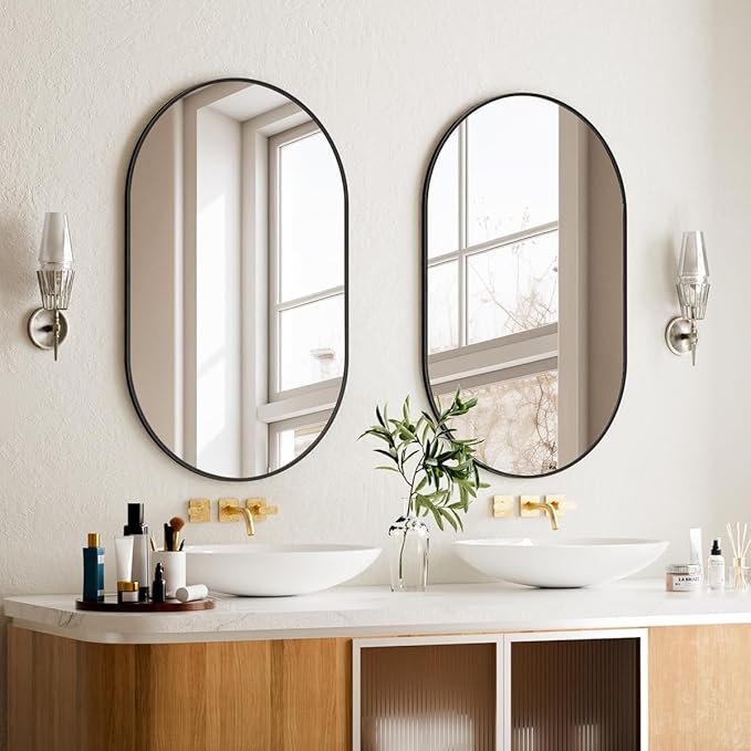 Black Oval Wall Mirror, 22x38 inch Oval Bathroom Mirror, Wall Mounted Vanity Mirror with Metal Framed, Tempered Glass and Reflective High Definition, Mounted Horizontally or Vertically