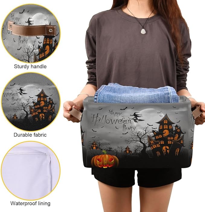 Halloween Spooky Witch Castle Storage Basket Fabric Kitchen Baskets Black Bat Ghost Pumpkin Open Home Storage Bins Boxes Foldable for Candy Toy Decorations Baskets 16×12×8 Inches