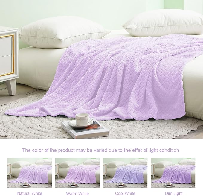 Exclusivo Mezcla Lilac Purple Fleece King Size Blanket for Bed, 90x104 Inches Soft Cozy Jacquard Flannel Blankets, Lightweight Fuzzy Plush Warm for All Seasons