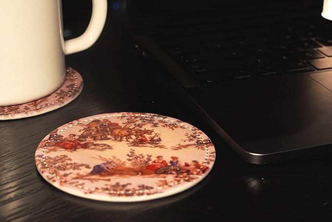 Vintage French Country Print Coasters for Drinks with Holder Leather Coasters Set of 6 Table Decor Protect Furniture from Water Marks Scratch and Damage