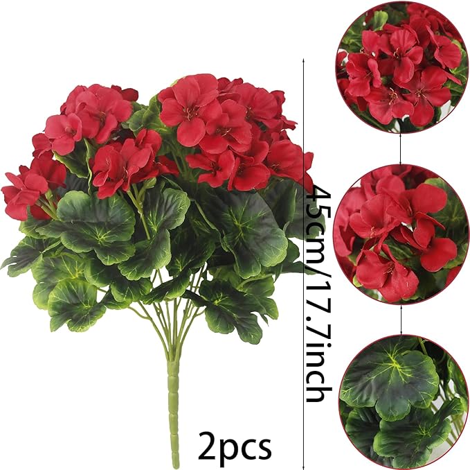 2 Pcs Artificial Geraniums for Outdoor Silk Geranium Flowers Red Artificial Geranium Bush Faux Flowers Geraniums Branch for Garden Patio Grave Cemetary Vase Table Centerpiece Indoor Decor