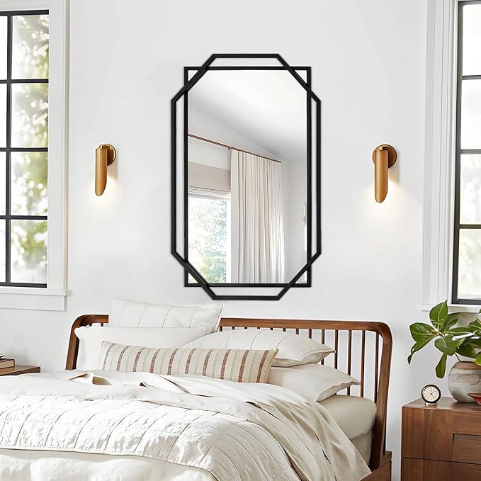 Black Bathroom Mirror, Decorative Wall Mirror with Modern Octagonal Metal Frame, for Living Room, Bedroom, Dining Room, Entryway (36" x 24")