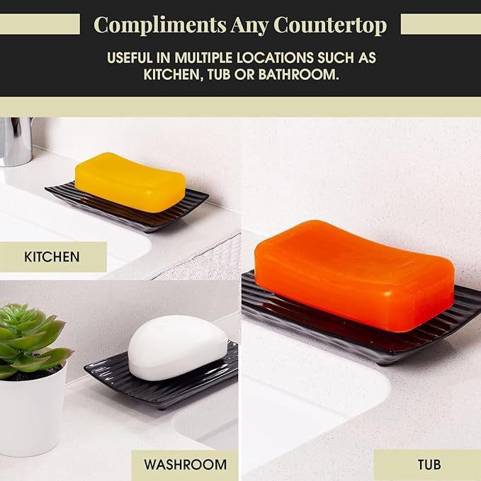Modern Zen Black Ceramic Soap Dish - 4.9 x 3 Inches Sleek Bathroom Soap Tray - Durable Bar Soap Holder with Soap Saver Ridges, Black Soap Dish for Bathroom, Kitchen, or Shower
