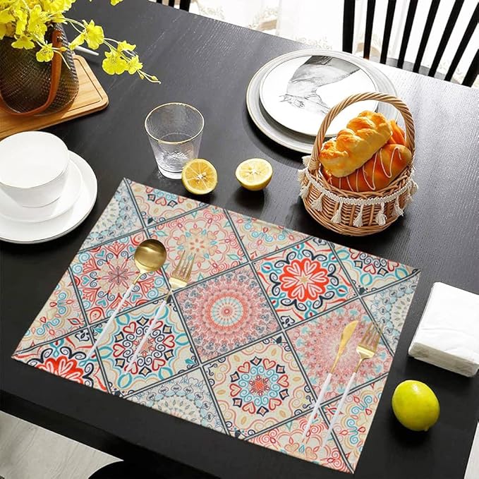 Table Placemats Set of 4 Boho Place Mats Linen Wipeable Placemats Heat Resistant Washable Placemats Fabric Waterproof Rectangle Table Mat for Kitchen Dining Dinner 18 X 12 Inch, Boho