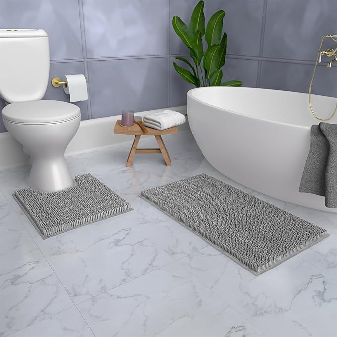 Bathroom Rugs Sets 2 Piece, Luxury Chenille Bath Mat Set, Soft Plush Anti-Slip Bath Rug + U-Shaped Toilet Mat. Microfiber Shaggy Carpet, Super Absorbent (24” x 36” & 20” x 24” U, Light Grey)