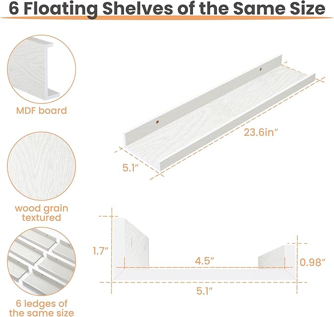 upsimples Floating Shelves for Wall, Wall Shelves for Decor Storage Set of 6, Wall Mounted Wood Shelves for Bedroom, Living Room, Bathroom, Kitchen, 23.6 inch Long Picture Ledge Shelves, White