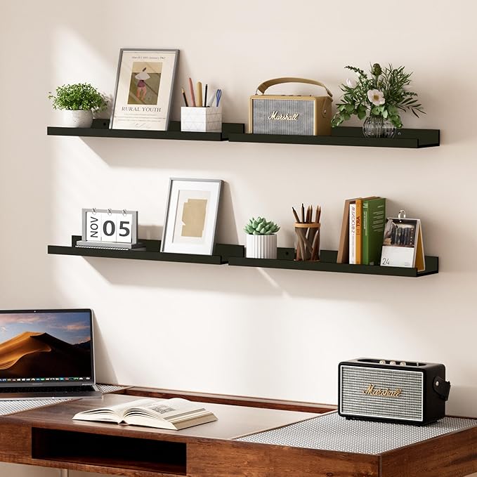 upsimples Floating Shelves for Wall, Wall Shelves for Decor Storage Set of 6, Wall Mounted Wood Shelves for Bedroom, Living Room, Bathroom, Kitchen, 23.6 inch Long Picture Ledge Shelves, Black