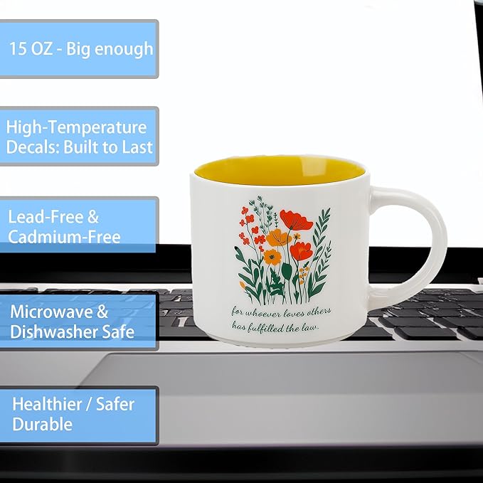 Ceramic Mug 15 OZ (450ml) - Romans 13:8 "Whoever Loves Others Has Fulfilled the Law - Inspirational Floral Design - Premium Coffee Cup, Dishwasher & Microwave Safe - Ideal Gift for Tea