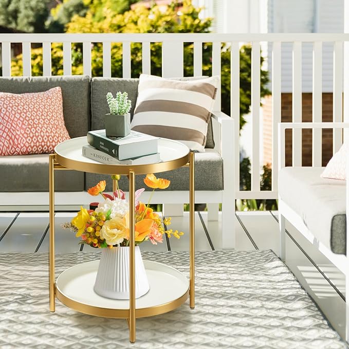 TeoKJ 2 Tier Gold Side Table, Folding Round Metal End Table Small Nightstand with Two Removable Tray for Bedroom Living Room Bedside Small Spaces Gold + White
