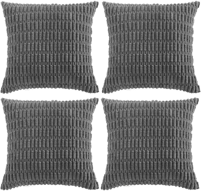 Fancy Homi 4 Packs Dark Grey Decorative Throw Pillow Covers 20x20 Inch for Living Room Couch Bed Sofa, Modern Farmhouse Boho Home Decor, Soft Plush Corduroy Square Cute Accent Cushion Case 50x50 cm
