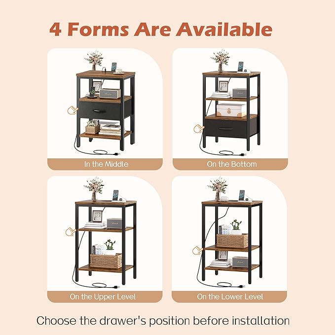 SUPERJARE Nightstand with Charging Station, Bed Side Table with Adjustable Fabric Drawer, Night Stand for Bedroom, 3-Tier Storage End Table, for Living Room, Rustic Brown and Black