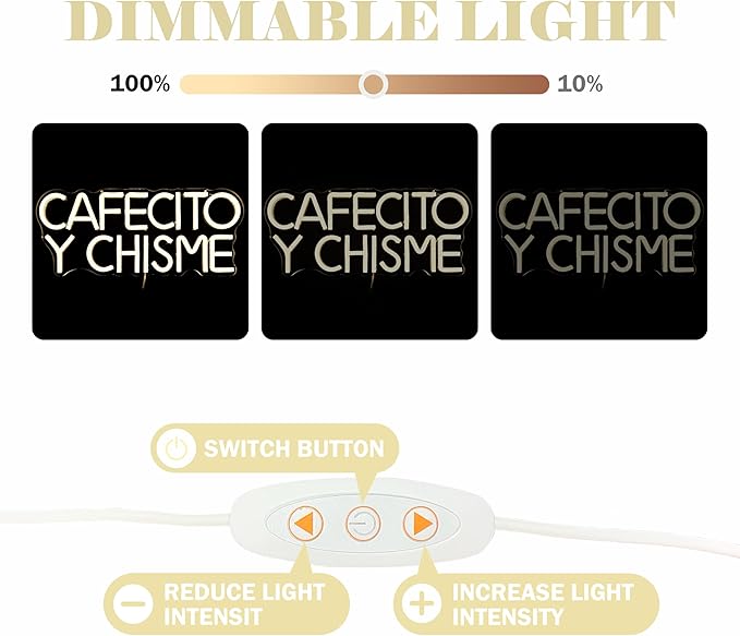 Funny Cafecito Y Chisme Neon Sign for Wall Decor Dimmable Cafecito Y Chisme Sign Mexican Gifts for Women Led Neon Light Sign for Bedroom Coffee Lover Gifts Home Kitchen Decoration