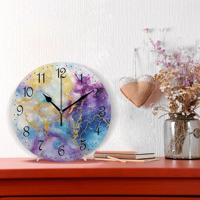 ALAZA Wall Clock Purple Blue Gold Marble Silent Non-Ticking Decorative Wall Clocks Battery Operated 10 Inch for Home Living Room Kitchen Bathroom Bedroom