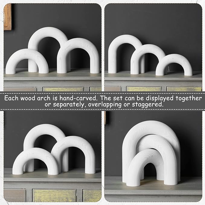 Qunclay 3 Pcs Wood Arch Decorative Objects Coffee Table Decor Modern Bookshelf Boho Home Decor for Shelves Mantel, Aesthetic Shelf Accent for Living Room Entryway(White)
