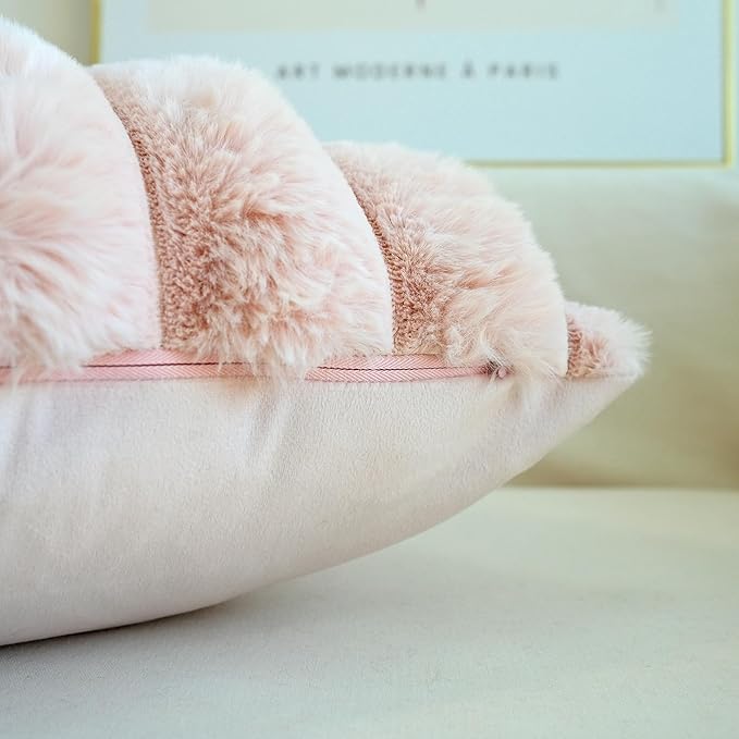 JOJUSIS Pack of 2 Faux Fur Plush Decorative Throw Pillow Covers Couch Cushion Case Soft Fluffy Pillowcases Wide Stripe (Pink, 20 x 20 Inch)