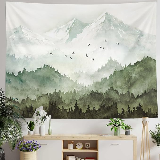 kampdream Mountain Forest Tapestry, Misty Foggy Sage Green Tree Landscape Watercolor Art Wall Tapestries, Nature Scenery Tapestry for Bedroom Living Room Backdrop 60×80 inch