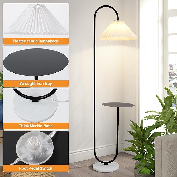 beaysyty Modern Elegant with Tray Floor Lamp for Office Cafe Den Living Room Bedroom, Foot Switch and Black Paint, White Pleated Cloth Lampshade