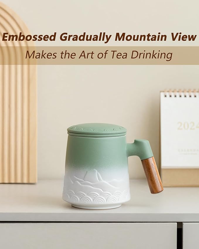 ZENS Tea Mug with Infuser and Lid for Loose Leaf Tea Steeper, 16.9 oz Embossed Ceramic Tea Cup with Fine Tea Strainers, Wood Handle Large Tea Diffusers Mugs, Tea Accessories for Tea Lovers Gifts