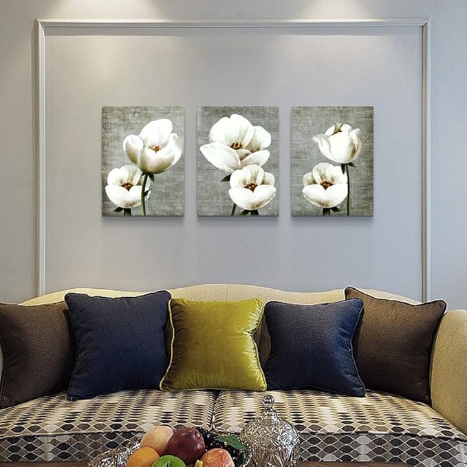 Living Room Wall Decor Canvas Wall Art For Bedroom Bathroom Wall Painting Artwork Gray Green Vintage Style White Flowers Abstract Pictures Wall Decorations For Kitchen 3 Panels Modern Family Decor