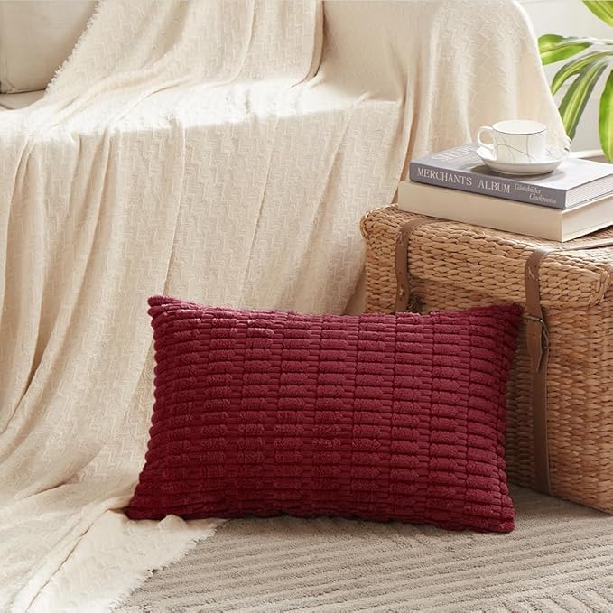 Fancy Homi 4 Packs Burgundy Decorative Throw Pillow Covers 16x24 Inch for Living Room Couch Bed, Holiday Christmas Home Decor Gift, Soft Plush Corduroy Cute Square Accent Cushion Case 40x60 cm