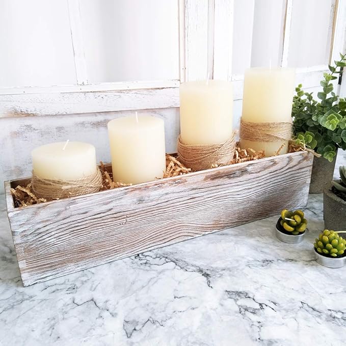 1 Pcs Wood Planter Rectangle Whitewashed Rectangular Decorative Wooden Box with Inner Plastic Box - 17.3" L x 3.9" W x 3.9" H Floral Natural Centerpieces Rustic Wedding Decor