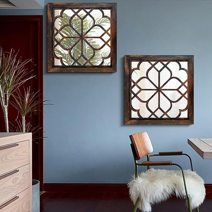 Wocred 20inch 2 PCS Square Wall Mirror,Gorgeous Rustic Farmhouse Accent Mirror, Caramel Color Entry Mirror for Bathroom Renovation,Bedrooms,Living Rooms and More.