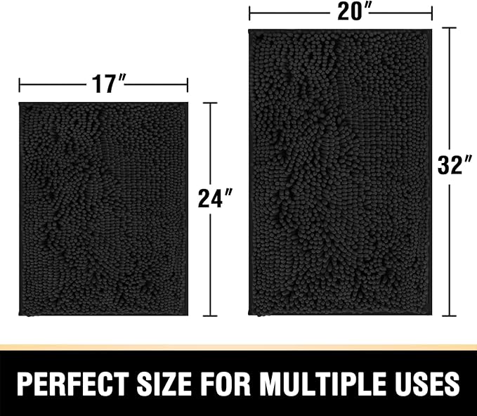 H.VERSAILTEX Bath Mat, 20" x 32" Plus 17" x 24", Black
