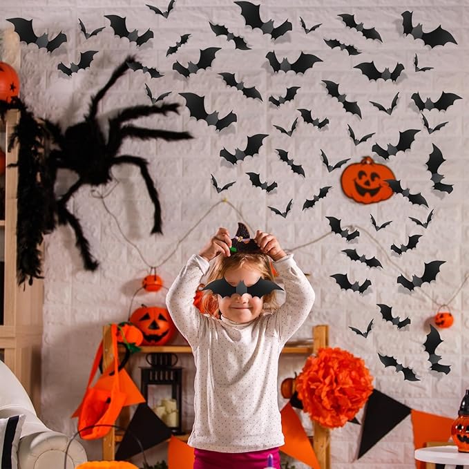 Piteno® 140Pcs Bats Halloween Decorations Party Supplies, Realistic PVC 3D Black Scary Bat Stickers for Creepy Home Decor Halloween Party Decorations DIY Wall Window Decal Bathroom Indoor