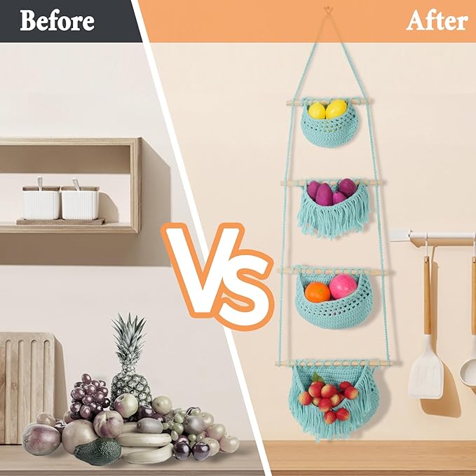 4 Tier Hanging Fruit Basket for Kitchen, Aqua Boho Cotton Rope Crocheted Fruit Holder for Bathroom Bedroom, Detachable Wall Hanging Basket Shelves Over Door Organizer for Fruit Veggie Plant Decor