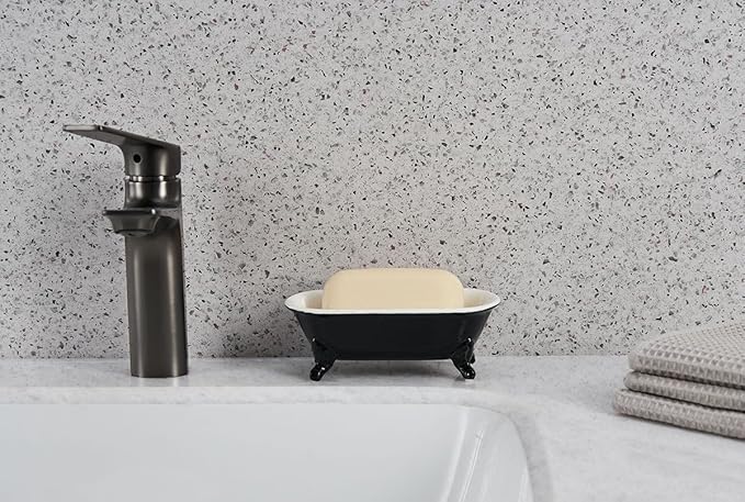 6.5" Ceramic Mini Decorative Clawfoot Bathtub Bar Soap Dish, Kitchen Sponge Holder and Shower Tray for Bathroom, 1 Pack(Black)