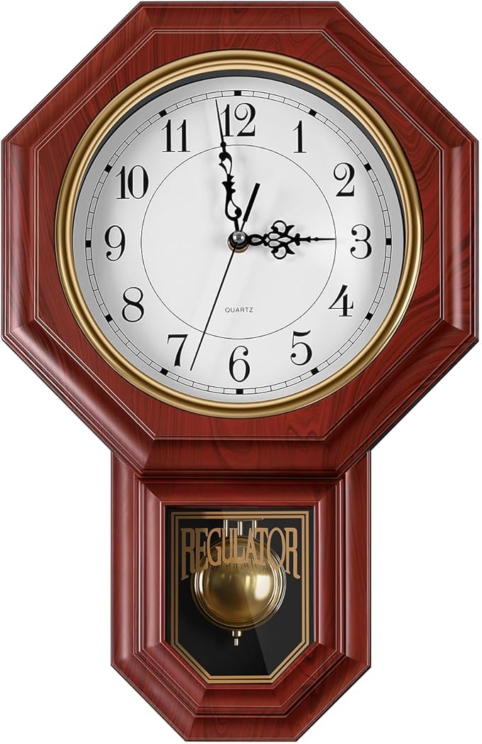 Regulator Wall Clock with Pendulum,Imitation Red Wood Plastic Wall Clock Battery Operated,Vintage Decorative Wall Clocks for Living Room,Farmhouse,Office,Bedroom,Kitchen,Wall Decor