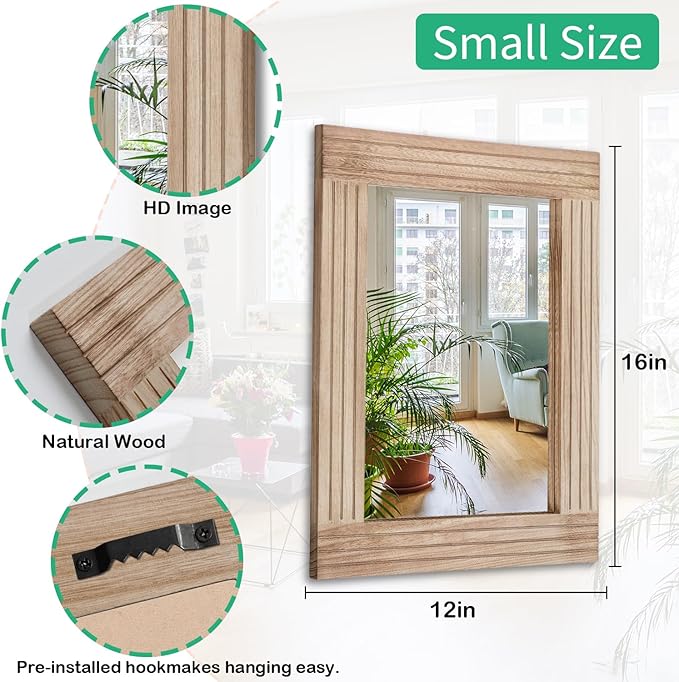 Mirrors for Wall Rustic Wooden Frame Rectangle Mirror Vintage Hanging Mirror for Bedroom Bathroom Living Room Farmhouse Wall Decor Small 16" x 12 "